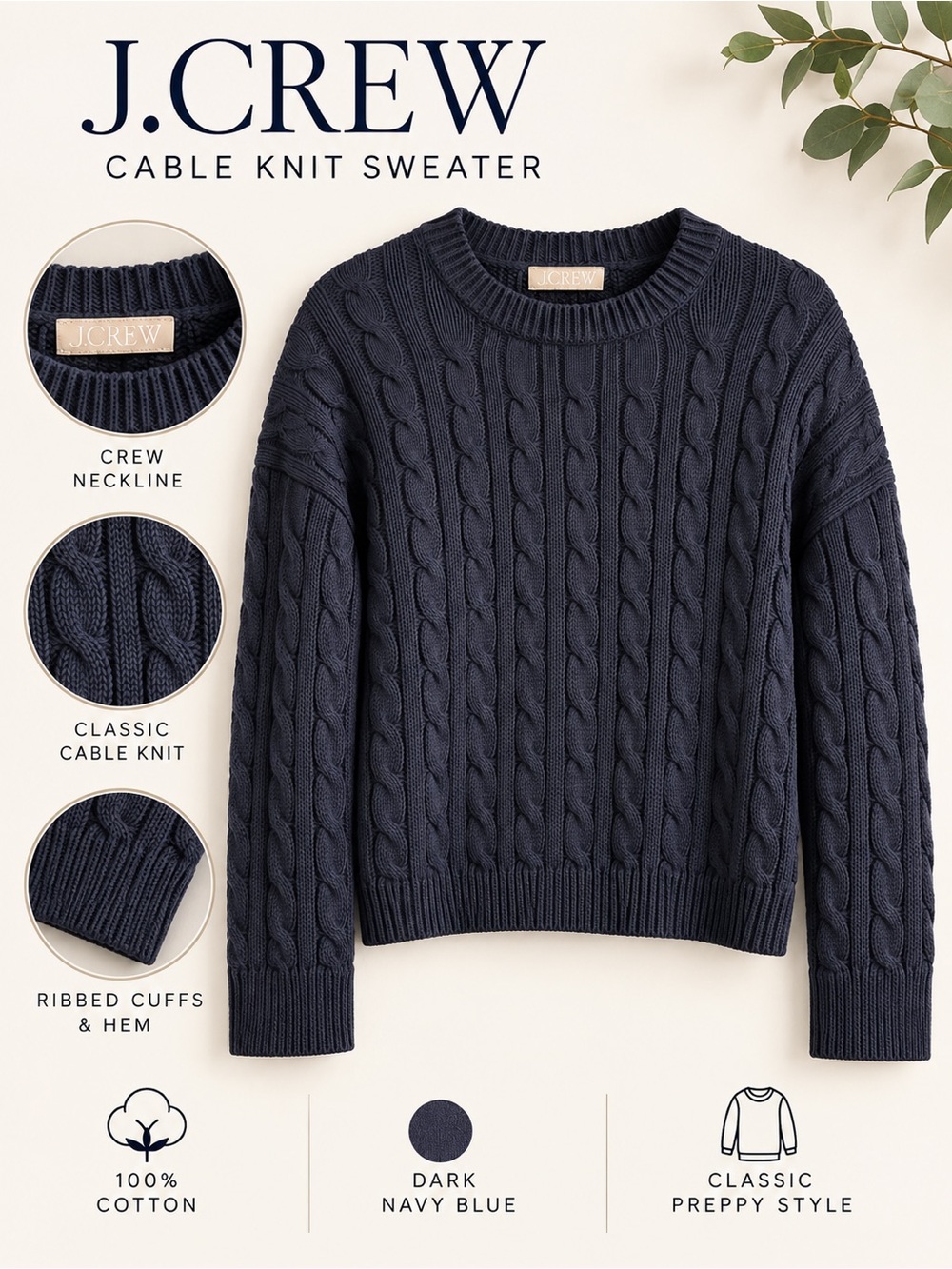 J. Crew Navy Cable Knit Cotton Sweater Crewneck Size Medium